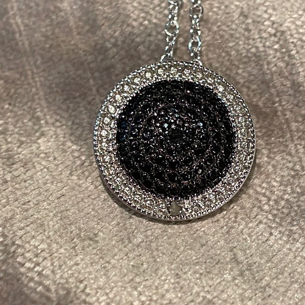 Black & White Diamond Disc Pendant Sterling Silver 925 With 18” necklace